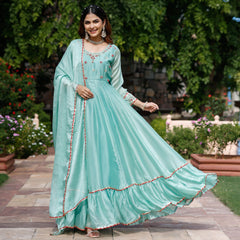 Blue Zardozi Work Chiffon Anarkali Suit Set