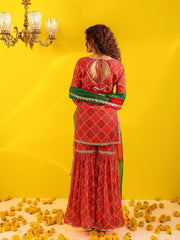 Red Bandhani Sequin Lace Work Sharara Set