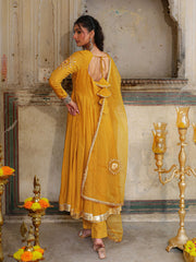Musturd Chanderi Hand Sequins and Gota Work Anarkali Suit Set