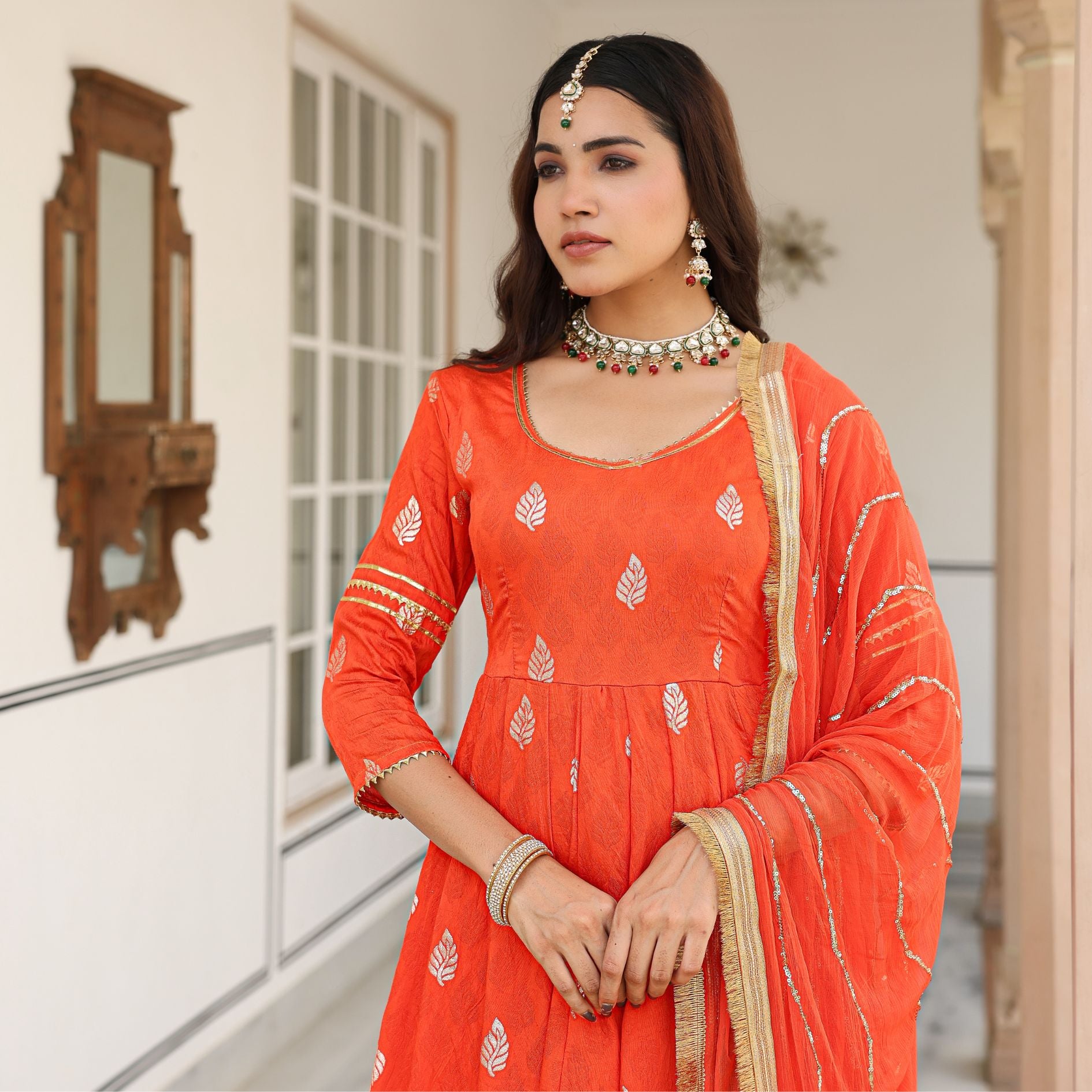 Orange Chanderi Jacquard Anarkali Suit Set