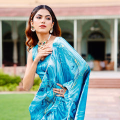 Aasma Blue Tie Dye Satin Silk Draped Saree with blouse