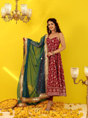Wine Jacquard Anarkali Suit Set