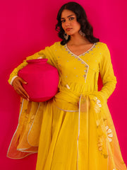 Siya Yellow Mirror Work Handpainted Anarkali Suit Set