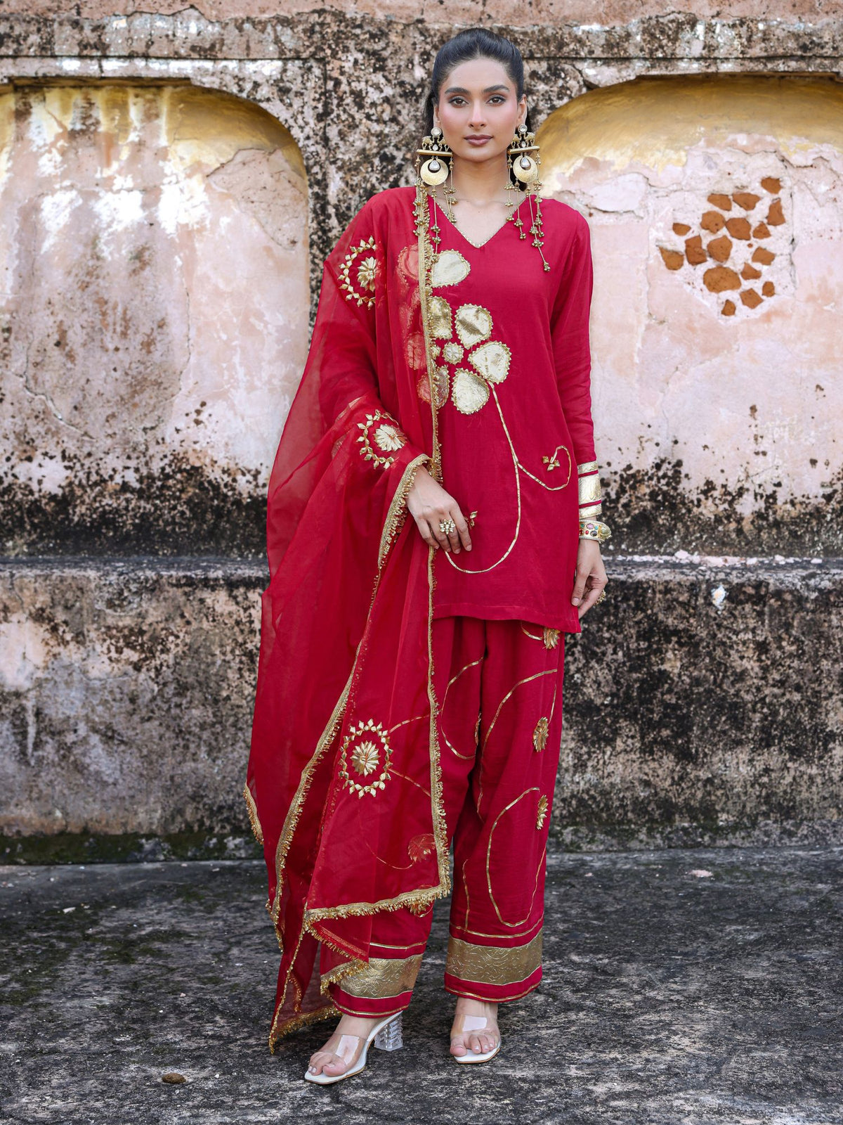 Jugni Maroon Mul Chanderi Gota Work Farsi Set