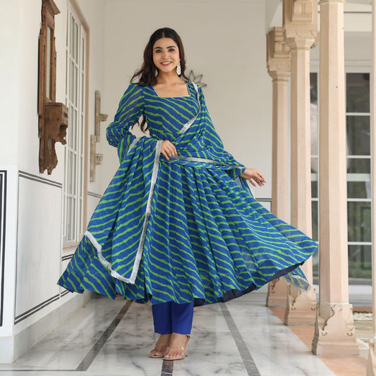 Blue Lehriya Anarkali Suit Set