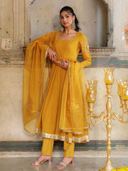 Musturd Chanderi Hand Sequins and Gota Work Anarkali Suit Set