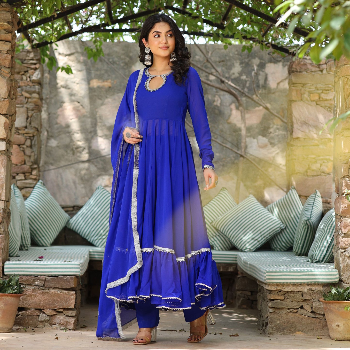 Royal Blue Lace Work Anarkali Suit Set