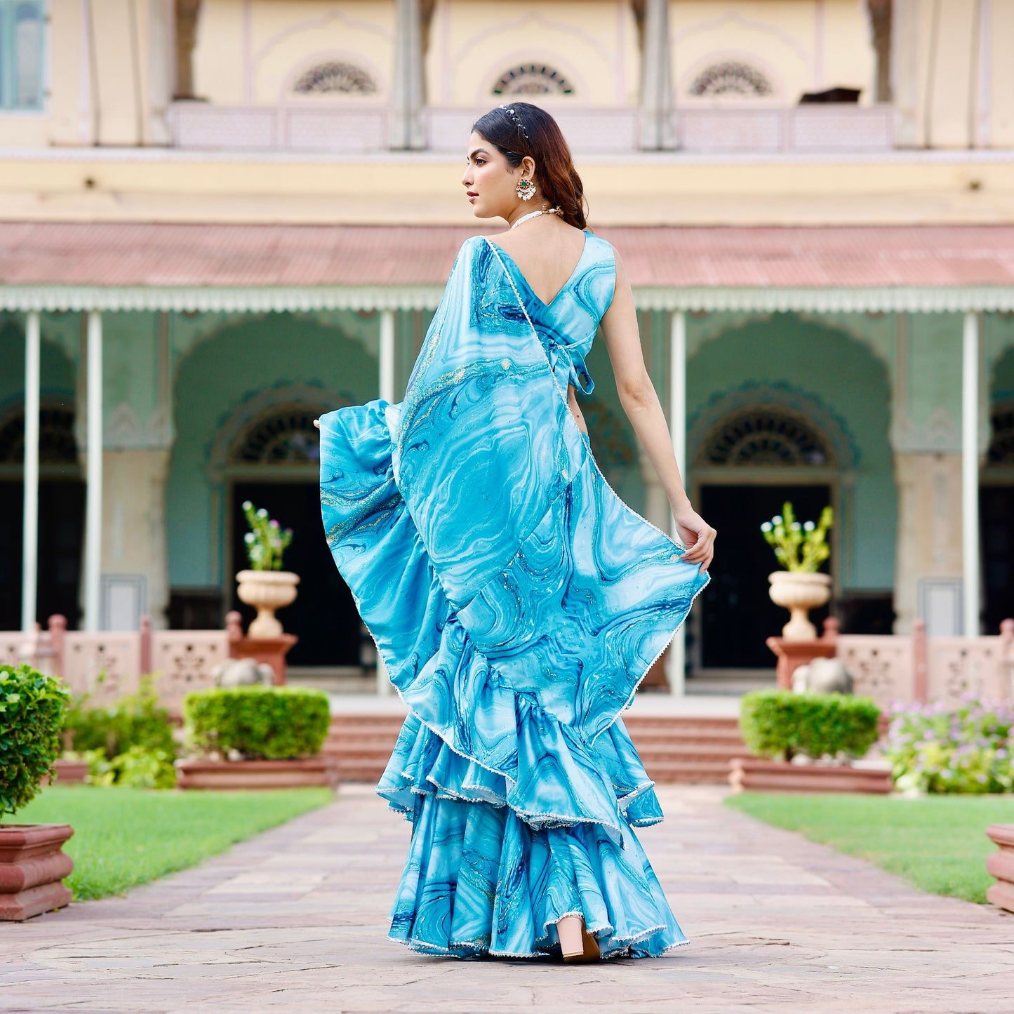 Aasma Blue Tie Dye Satin Silk Draped Saree with blouse