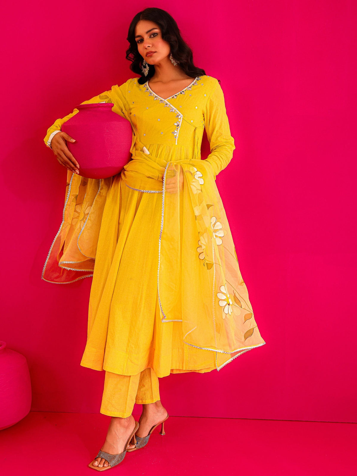Siya Yellow Mirror Work Handpainted Anarkali Suit Set