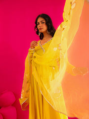 Siya Yellow Mirror Work Handpainted Anarkali Suit Set