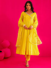 Siya Yellow Mirror Work Handpainted Anarkali Suit Set