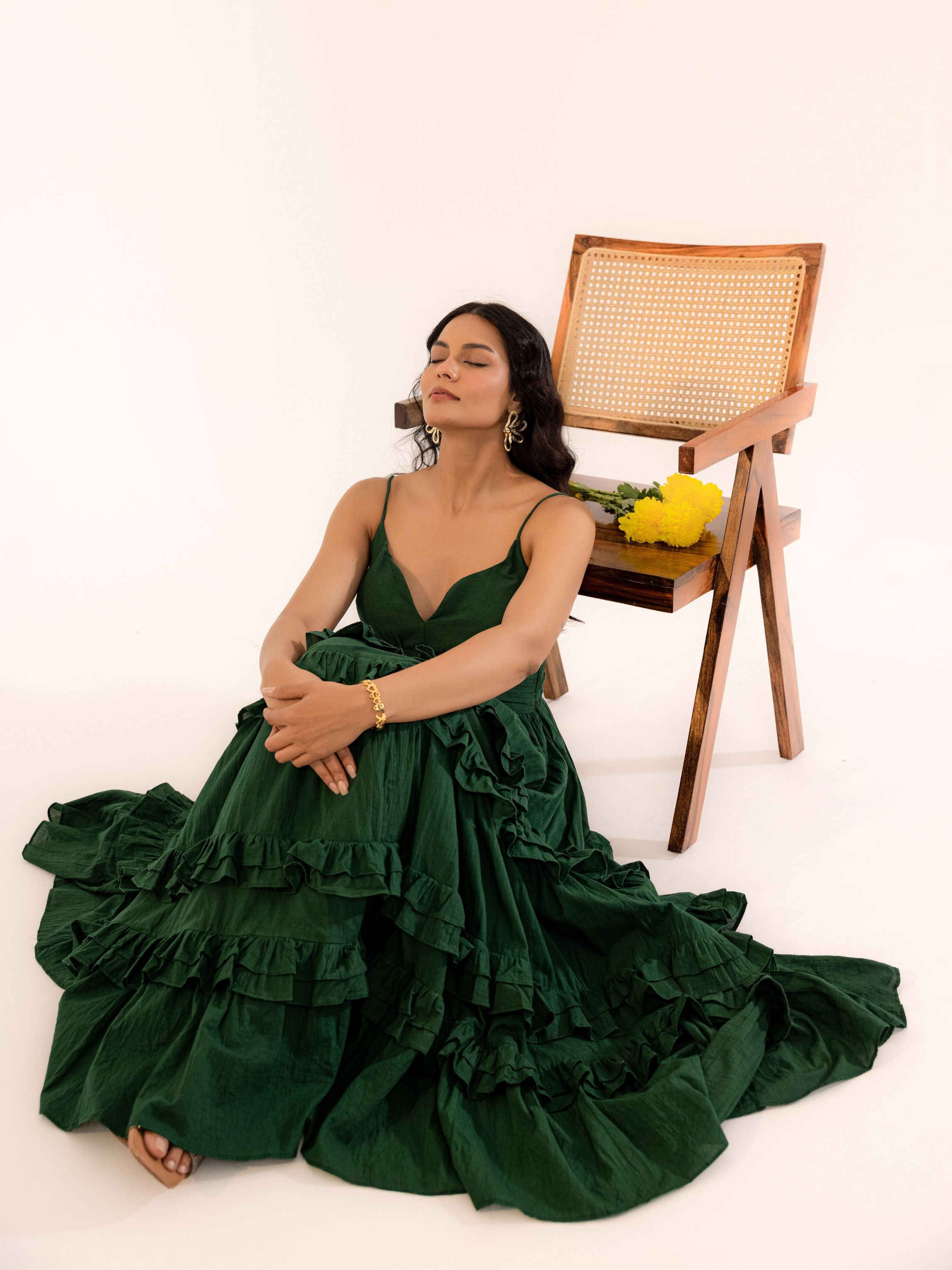 Emerald Green Cotton Tiered Ruffle Maxi Dress for Women | ASHEERA Emerald Green Cotton Tiered Ruffle Maxi Dress for Women | ASHEERA
