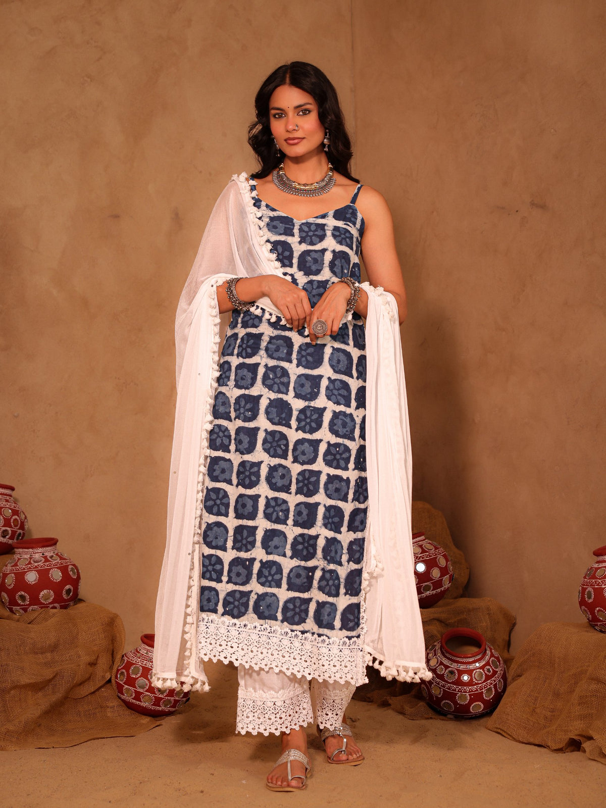 Adrija Indigo & White Hand Block Print Suit Set
