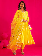 Siya Yellow Mirror Work Handpainted Anarkali Suit Set