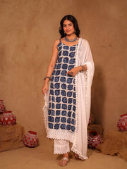 Adrija Indigo & White Hand Block Print Suit Set