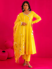 Siya Yellow Mirror Work Handpainted Anarkali Suit Set