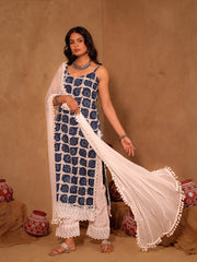 Adrija Indigo & White Hand Block Print Suit Set