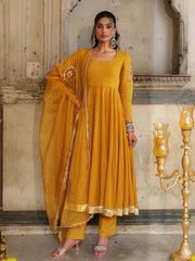 Musturd Chanderi Hand Sequins and Gota Work Anarkali Suit Set