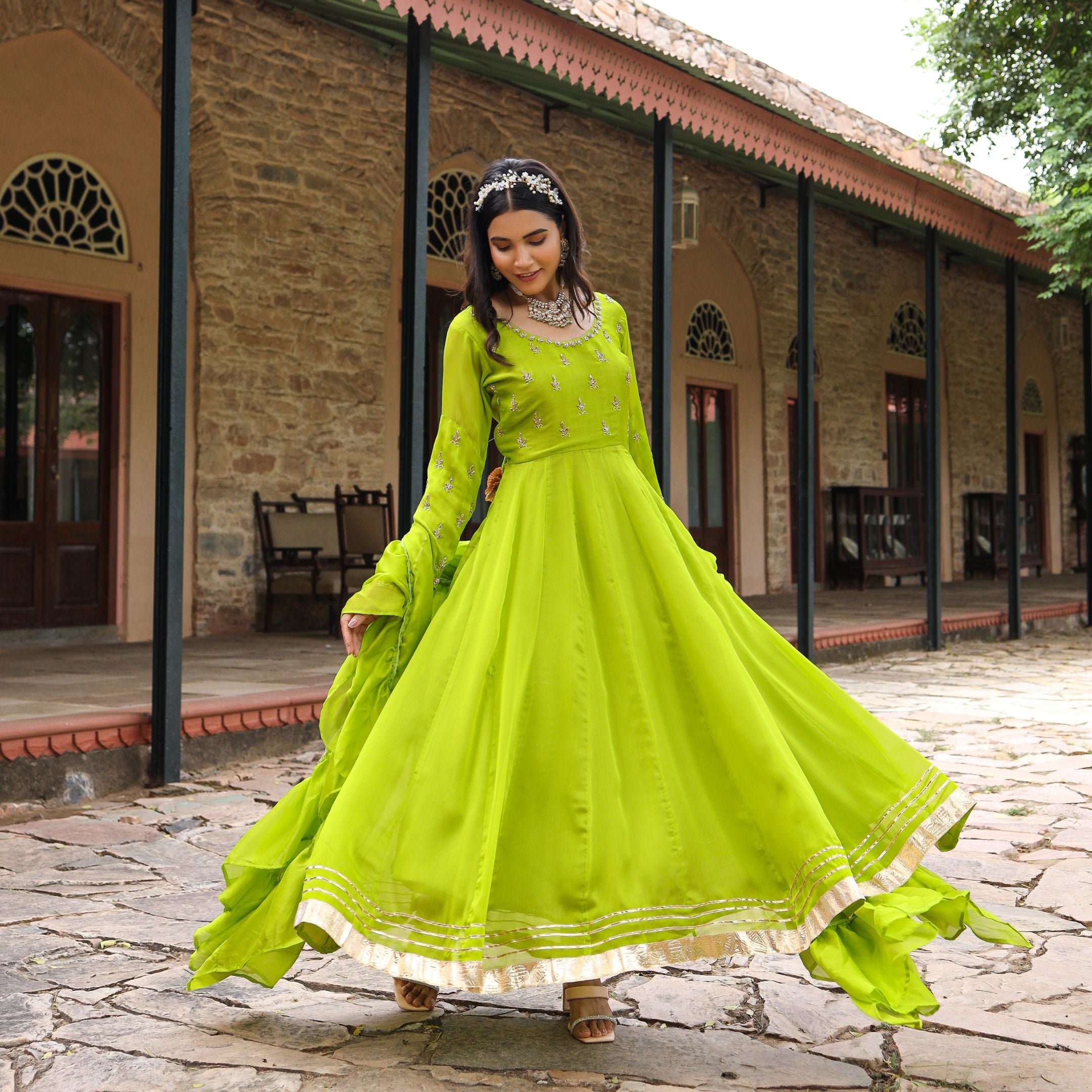 Anarkali Suits : Green satin silk embroidery work party wear ...