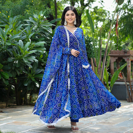 Blue Bandhani Anarkali Suit Set