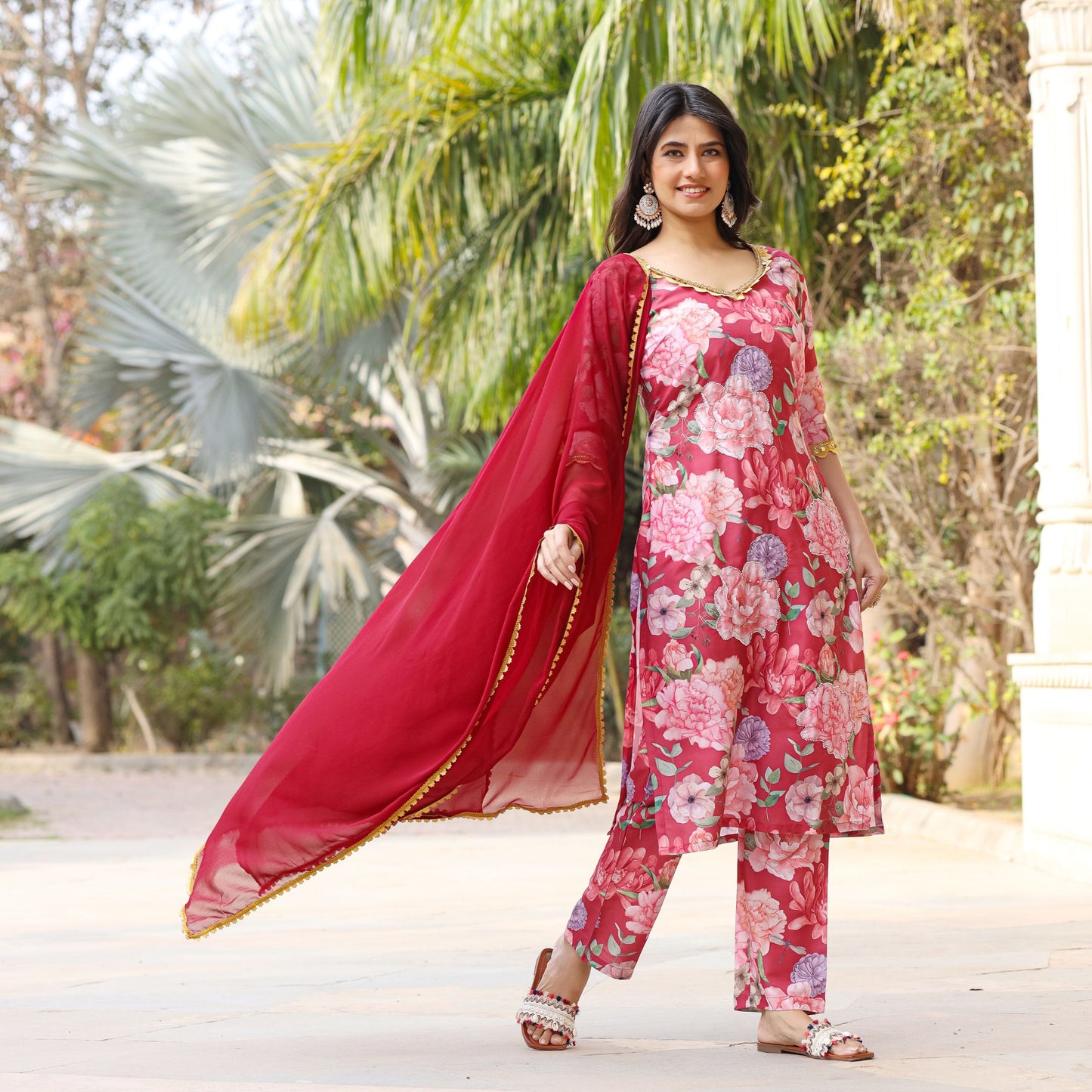 Coral Floral Maslin Hand Embroidered Suit Set