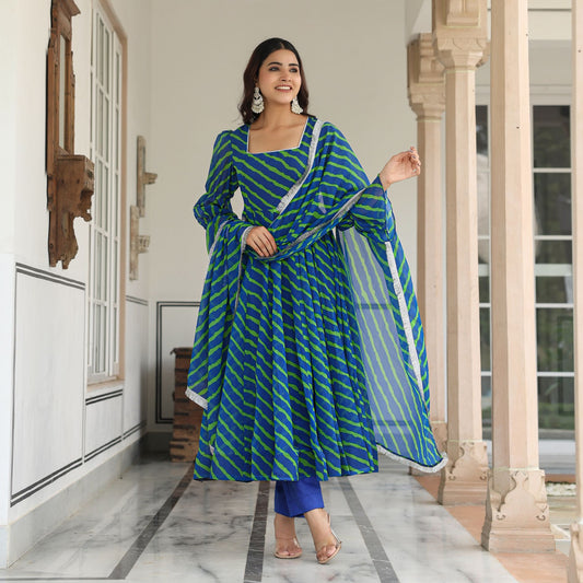 Blue Lehriya Anarkali Suit Set