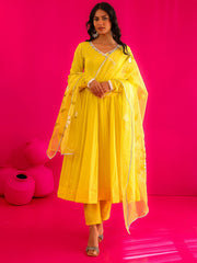 Siya Yellow Mirror Work Handpainted Anarkali Suit Set
