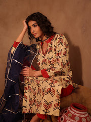 Cream & Red Arrow Tribal Geometric Cotton Kurta Set