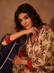 Cream & Red Arrow Tribal Geometric Cotton Kurta Set