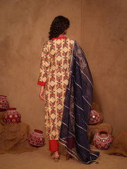 Cream & Red Arrow Tribal Geometric Cotton Kurta Set
