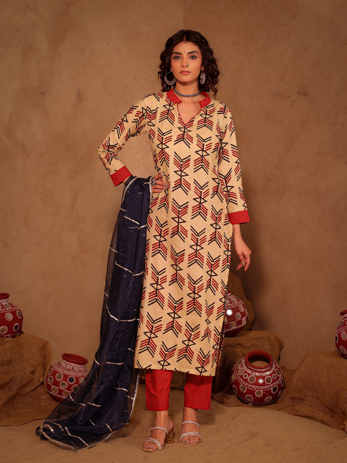 Cream & Red Arrow Tribal Geometric Cotton Kurta Set