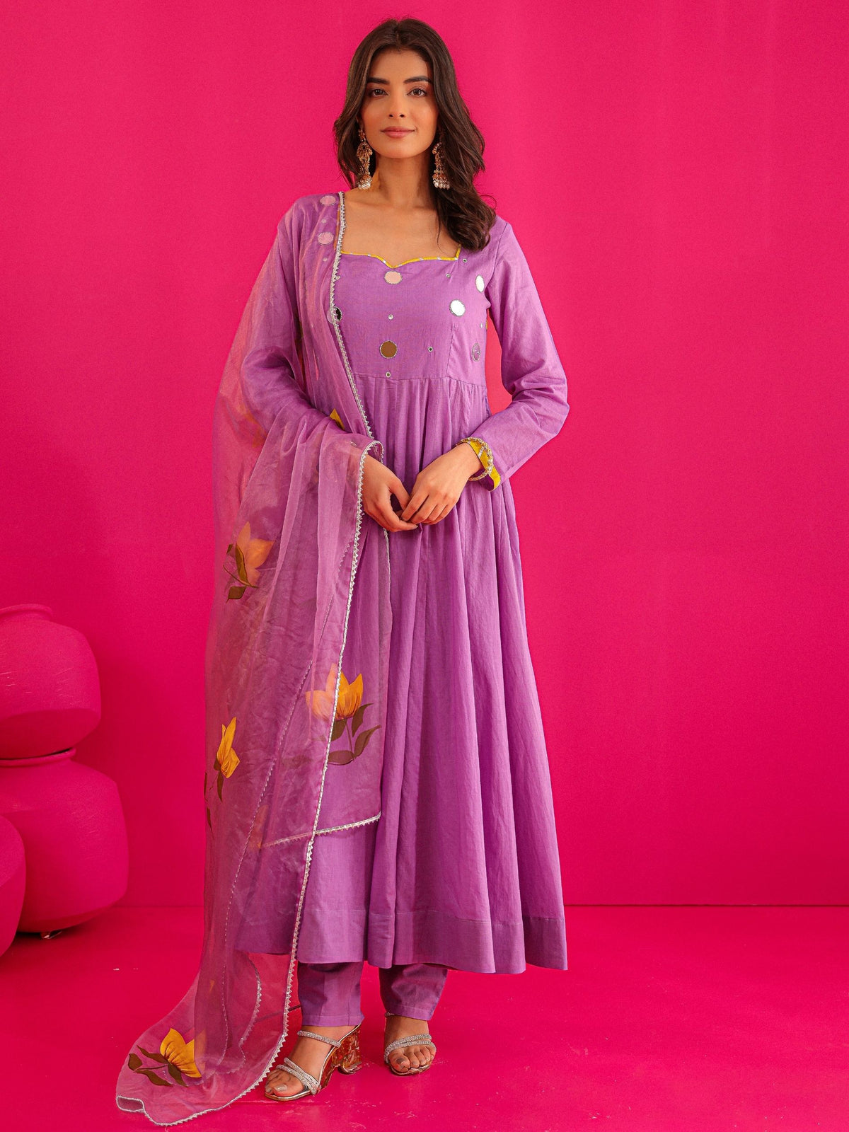 Nitara Cotton Handpainted Mirror Work Anarkali Suit Set