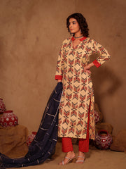 Cream & Red Arrow Tribal Geometric Cotton Kurta Set