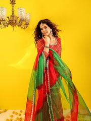 Red Bandhani Sequin Lace Work Sharara Set