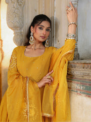 Musturd Chanderi Hand Sequins and Gota Work Anarkali Suit Set