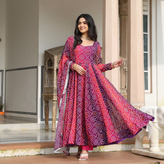 Pink Ombre Bandhani Anarkali Suit Set