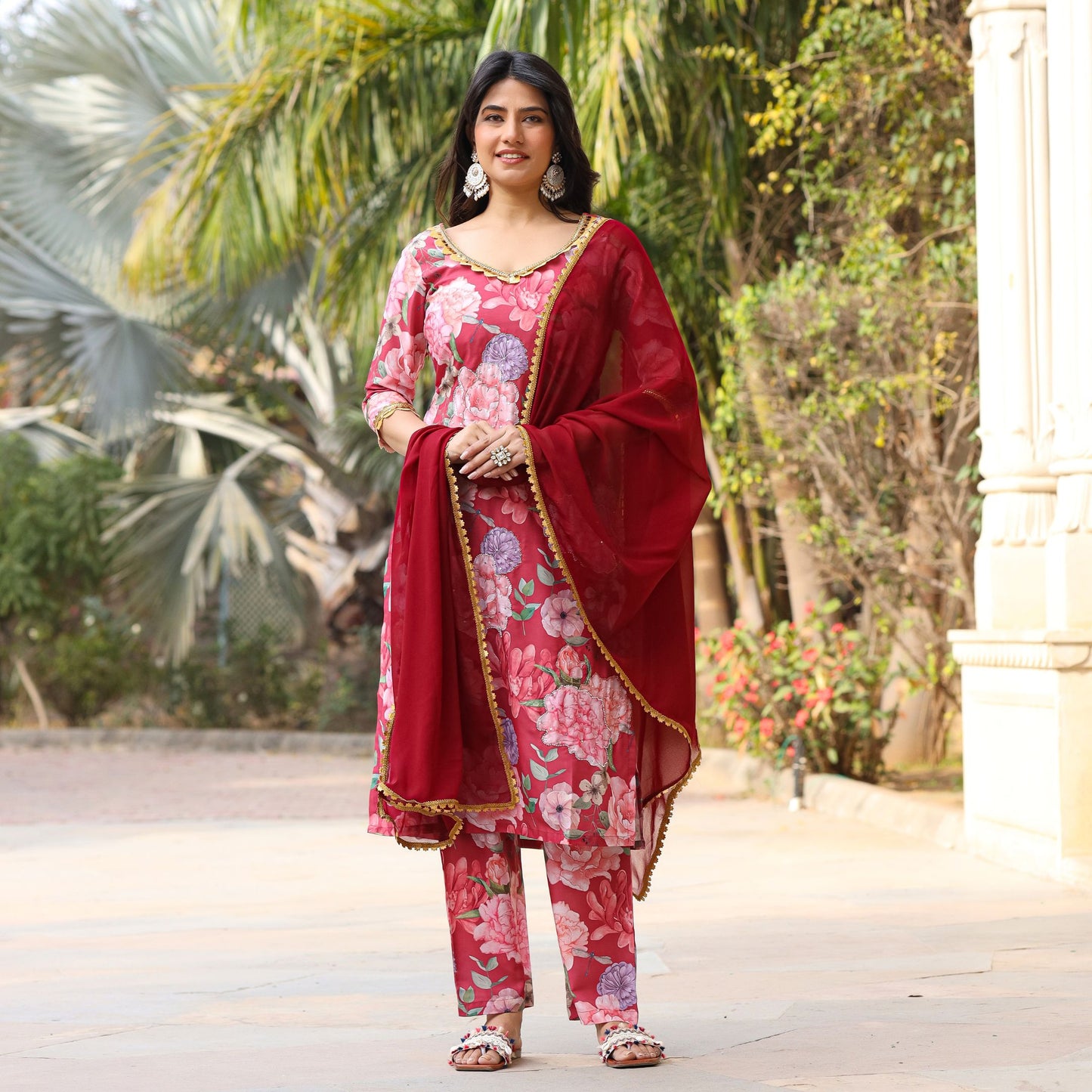 Coral Floral Maslin Hand Embroidered Suit Set