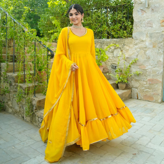 Sakhi Yellow Lace Work Anarkali Suit Set
