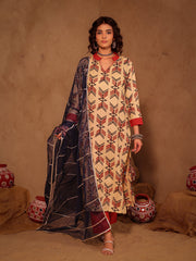 Cream & Red Arrow Tribal Geometric Cotton Kurta Set