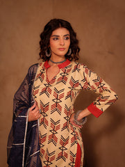Cream & Red Arrow Tribal Geometric Cotton Kurta Set
