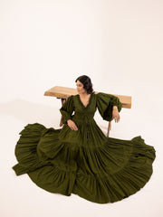 Olive Green Bishop Sleeve Tiered Maxi Dress