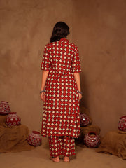 Red & Cream Geometric Star Print Cotton A-Line Kurta Set