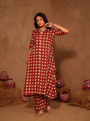 Red & Cream Geometric Star Print Cotton A-Line Kurta Set