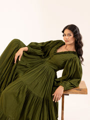 Olive Green Bishop Sleeve Tiered Maxi Dress