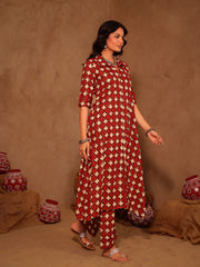 Red & Cream Geometric Star Print Cotton A-Line Kurta Set
