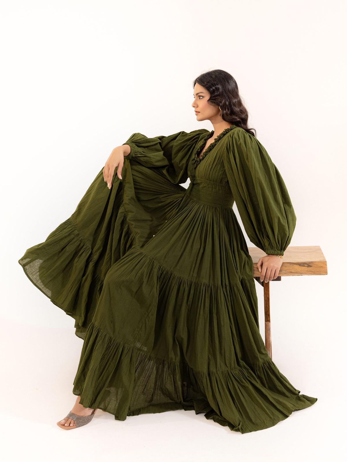 Olive Green Bishop Sleeve Tiered Maxi Dress