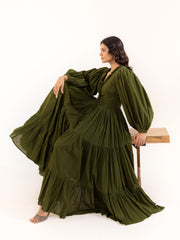 Olive Green Bishop Sleeve Tiered Maxi Dress