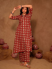 Red & Cream Geometric Star Print Cotton A-Line Kurta Set