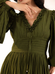 Olive Green Bishop Sleeve Tiered Maxi Dress