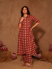 Red & Cream Geometric Star Print Cotton A-Line Kurta Set